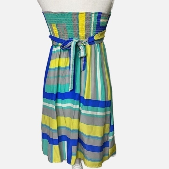 Alice‎ & Trixie Gray, Green, & Blue Striped Mini 100 % Silk Strapless Dress - Picture 2 of 8